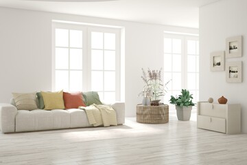 Naklejka premium White living room with sofa. Scandinavian interior design. 3D illustration