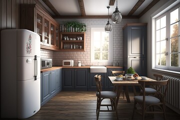 Residential cozy family house interior kitchen area at daytime