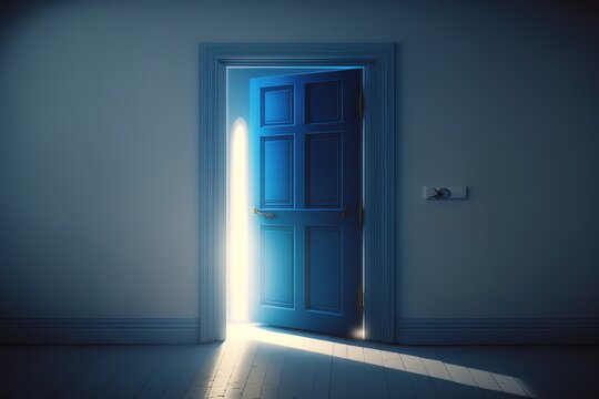 3D render of light coming through opened blue door