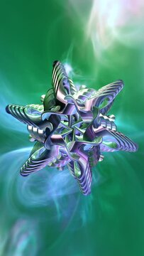 Abstract 3D loop. Mystical evolving geometric shapes and fractal aurora background. Esoteric sacred geometry. Vertical format.