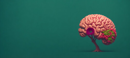 tree in the shape of the human brain on a green background, illustration flowered mind creative concept, copy space, generative ai