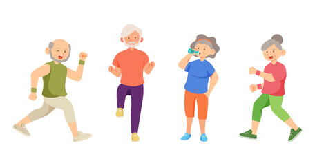 Fototapeta premium Old aged people doing exercise in cartoon character,