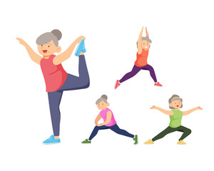 Fototapeta na wymiar Old aged people doing exercise in cartoon character,