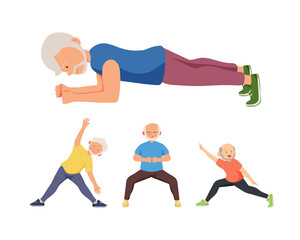 Old aged people doing exercise in cartoon character,