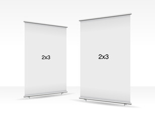 Set of 2 empty standee or rollup banner display mockup on isolated white background. Display mockup for presentation or exhibition product. Vertical blank roll up stand template in 2x3 sizes.