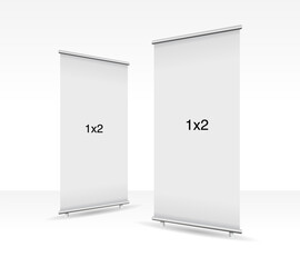 Set of 2 empty standee or rollup banner display mockup on isolated white background. Display mockup for presentation or exhibition product. Vertical blank roll up stand template in 1x2 sizes.