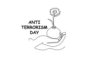 Single one-line drawing bomb holding a bomb with a flower on it. Anti-terrorism day concept continuous line draw design graphic vector illustration