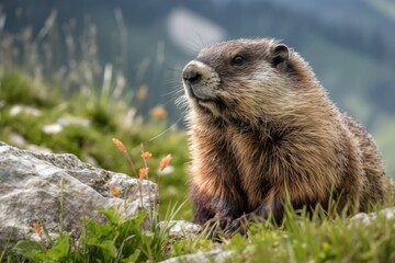 Alpine marmot seated on a clump of grass. Generative AI