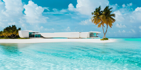 Obraz na płótnie Canvas Tropical beach with palm trees and modern futuristic architecture. Generative AI