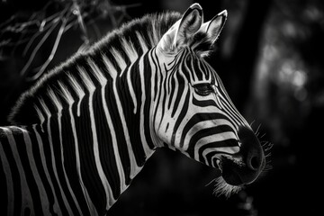 Fototapeta na wymiar The profile head image of a zebra at a South African wildlife reserve. Generative AI