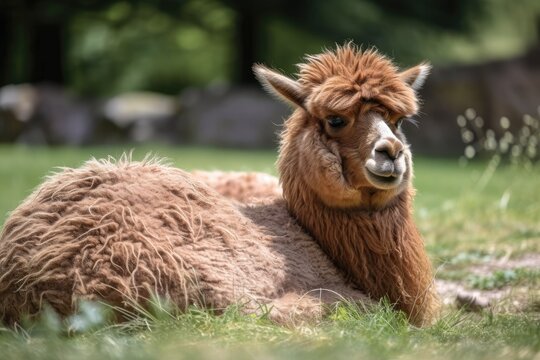 A brown liama resting outside in the summer is seen in a photo. Generative AI