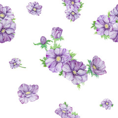 Fototapeta na wymiar Watercolor hand drawn seamless pattern of purple anemones with green leaves isolated on white background.