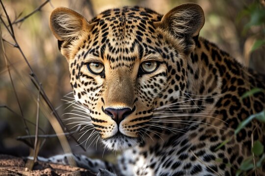The leopard is depicted in close up, laying on its right side with its head and shoulders predominating. Generative AI