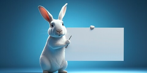 a cartoon rabbit holding a blank sign and pointing at it with a pointer in his hand, on a blue background with a spotlight behind it with Generative AI technology