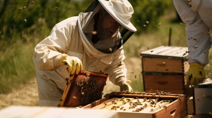 Beekeeper working with beehive, Gen AI