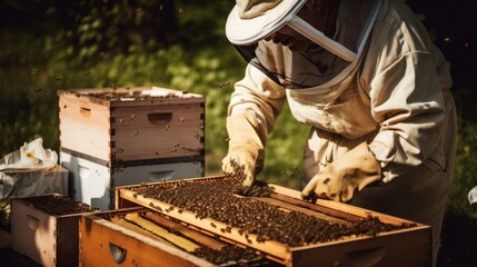 Beekeeper working with beehive, Gen AI