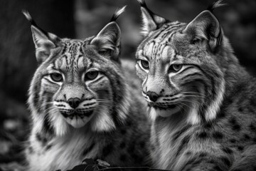 Black and white lynx playing with each other at Wildpark Gangelt, Germany. Generative AI