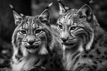 Obraz premium Black and white lynx playing with each other at Wildpark Gangelt, Germany. Generative AI