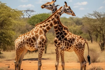 Naklejka na ściany i meble The largest ruminant and tallest of all extant land dwelling animal species is the giraffe (Giraffa camelopardalis), an African even toed ungulate mammal. Generative AI