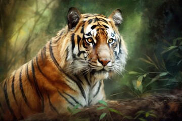 Fototapeta na wymiar a woodland illustration of a royal Bengal tiger. Generative AI