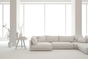 Grey interior desigh concept with furniture. 3D illustration