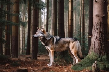 Obraz premium In the forest, there is a gray wolf. Generative AI