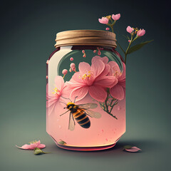 Illustration Photo graphic of pink flower growing in a jar with honey bees fit for wall decoration, wall painting, magazine elements, t-shirt, decoration, miniature, clothing design, painting design