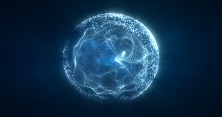 Naklejka na ściany i meble Abstract blue energy sphere from particles and waves of magical glowing on a dark background