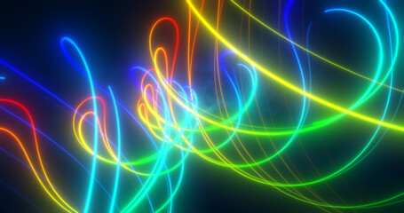 Abstract multi-colored rainbow neon energy laser lines flying on a black background