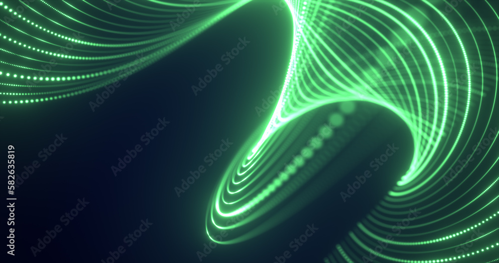 Poster abstract green waves from lines and dots particles of glowing swirling futuristic hi-tech with blur 