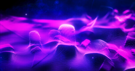 Abstract purple futuristic landscape of particles and dots of energetic magic with glow and blur effect, abstract background