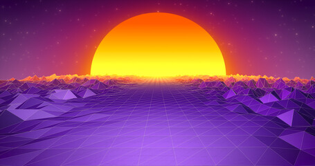 Abstract purple blue retro landscape in old 80s, 90s style with road rocks mountains and sun, abstract background