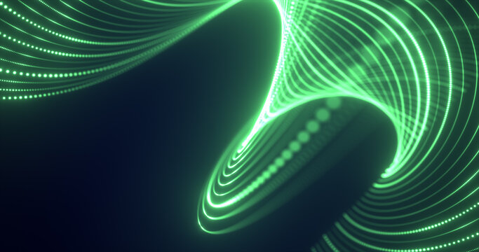Abstract green waves from lines and dots particles of glowing swirling futuristic hi-tech with blur effect on dark background. Abstract background