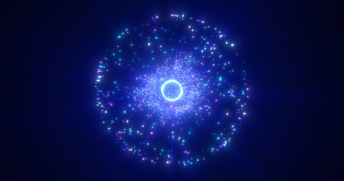 Abstract round blue sphere glowing energy magic molecule with atoms from particles and dots cosmic. Abstract background