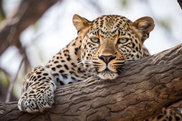 Fototapeta na wymiar Resting leopard in a tree. Generative AI