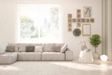 White living room with sofa and summer landscape in window. Scandinavian interior design. 3D illustration