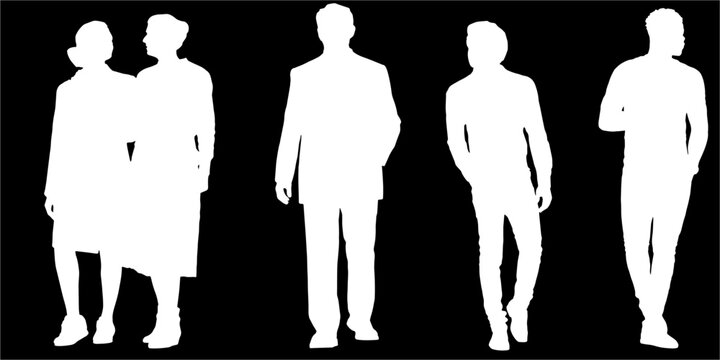 Set Of Silhouettes Of Men And A Women, A Group Of Standing  People White Color Isolated On Black Background