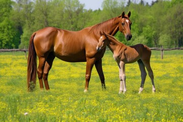 mare and foal in a spring pasture. Generative AI