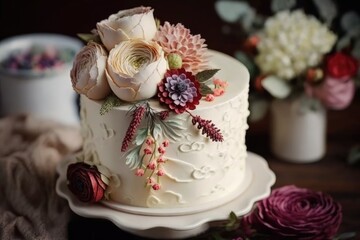Obraz na płótnie Canvas A white wedding cake with flowers on top. Generative Ai