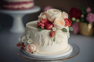 Obraz na płótnie Canvas A white wedding cake with a floral design on the top. Generative Ai