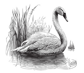 Swan swimming in the pond hand drawn sketch in doodle style illustration © BigJoy