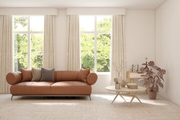 Fototapeta premium White living room with sofa and summer landscape in window. Scandinavian interior design. 3D illustration