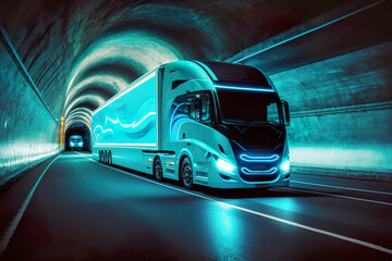 Fototapeta na wymiar The lorry bus, the electric car of the future, travels in the tunnel in an environmentally friendly environment without emitting harmful substances. AI generated illustration.