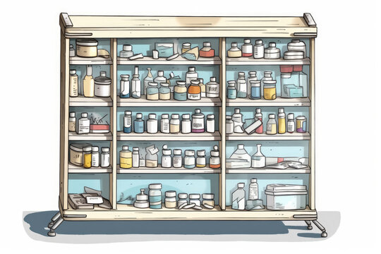 Shelf with medicines, retail pharmacy setup. AI generated image. 