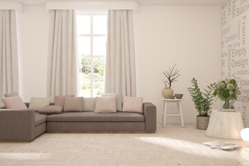 Fototapeta premium White living room with sofa and summer landscape in window. Scandinavian interior design. 3D illustration