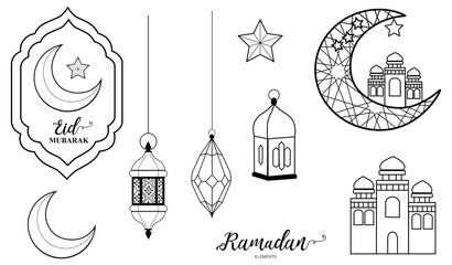Ramadan elements design with mosque, lantern, crescent moon, star, for decoration.