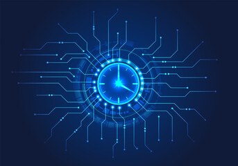 Watch has a technology circle around it and a circuit board is connected to it. Like the concept of time allocation within the organization to work on goals when customers want. - obrazy, fototapety, plakaty