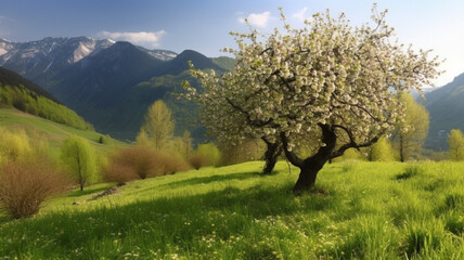 Wiosenny widok na kwitnące drzewa - AI - obrazy, fototapety, plakaty