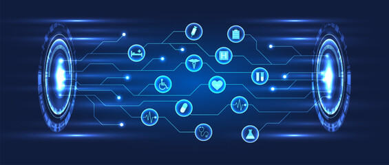2 sides of the technology circle with a circuit board medical innovation and modern medicine that allows patients to access treatment more quickly