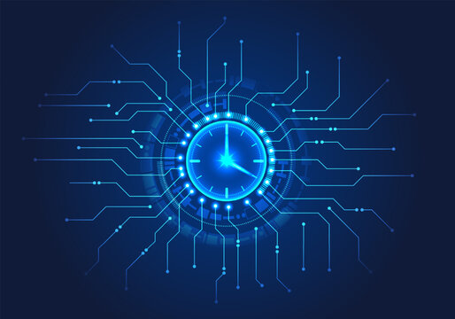 Watch has a technology circle around it and a circuit board is connected to it. Like the concept of time allocation within the organization to work on goals when customers want.
